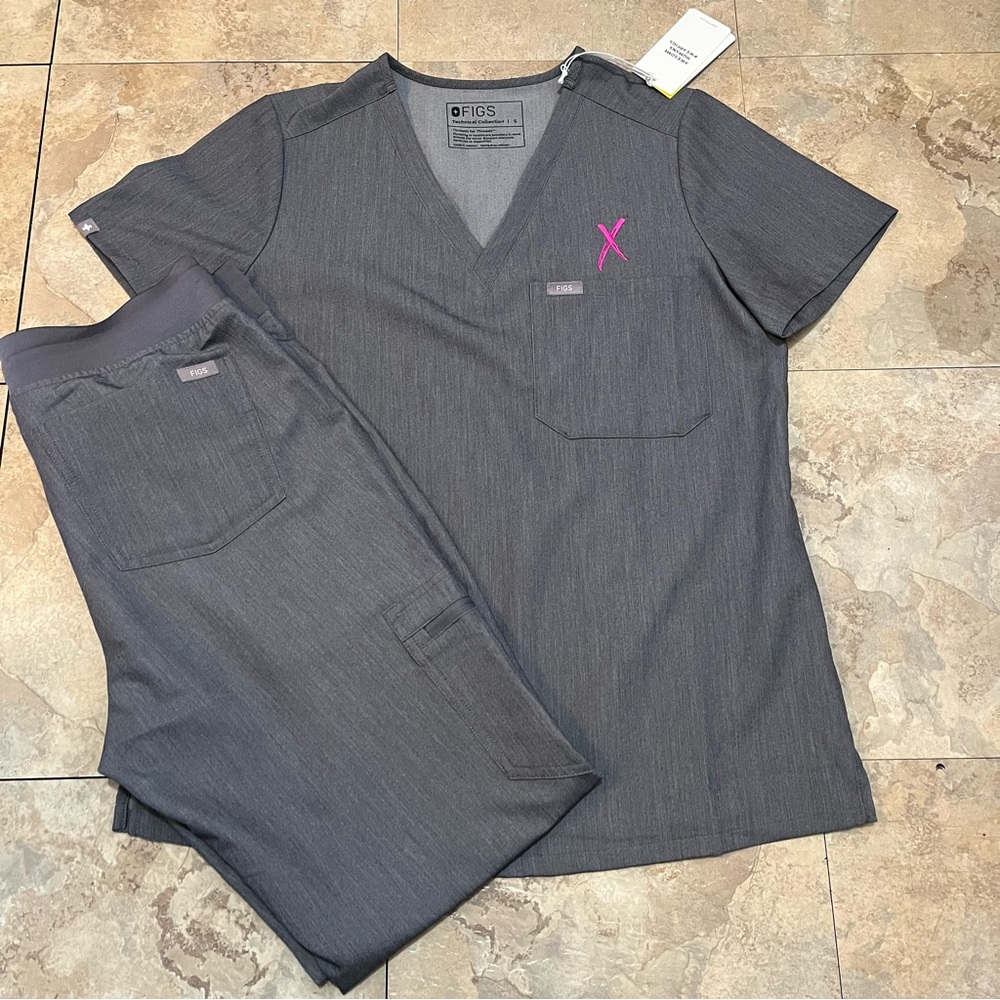 Figs Charcoal Scrub Top with Pink Detail